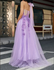 A Line Tulle Halter Neck Corset Prom Dress with Appliques And Slit Floor Length