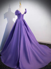 Simple Off Shoulder Satin Purple Long Prom Dress Court Train Dresses Evening Dress