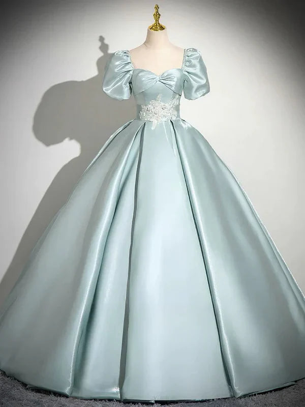 A-Line Sweetheart Neck Puff Sleeves Satin Quinceanera Dress Blue Long Prom Dress Elegant Evening Dress