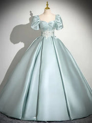 A-Line Sweetheart Neck Puff Sleeves Satin Quinceanera Dress Blue Long Prom Dress Elegant Evening Dress