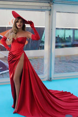 Charming Red Evening Dress Off The Shoulder Strapless Long Sleeve With Slit Sexy Party Dress No With Gloves And Hat