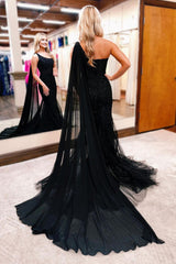 Black One Shoulder Appliques Mermaid Long Prom Dresses Sexy Evening Dress