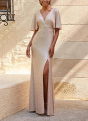 V Neck Short Sleeves Sequined Bridesmaid Dresses With Split Front Charming Evening Party Dress