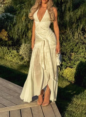 White V Neck A-Line Fashion Summer Vacation Dress Long Party Dress Evening Dress