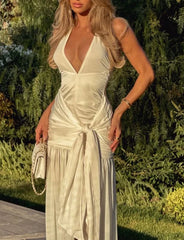 White V Neck A-Line Fashion Summer Vacation Dress Long Party Dress Evening Dress
