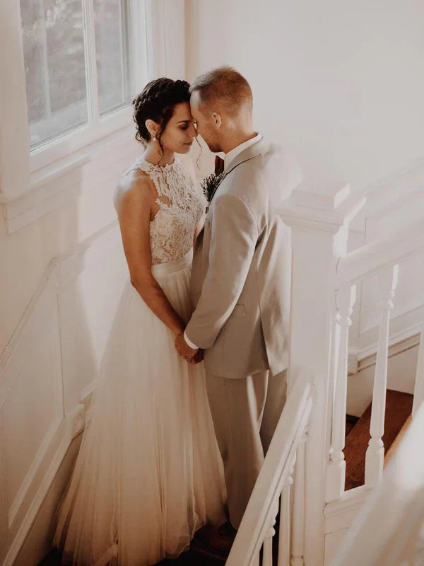 Refined High Neck Illusion Lace Wedding Dresses Sleeveless Charming Bridal Gown Wholesale