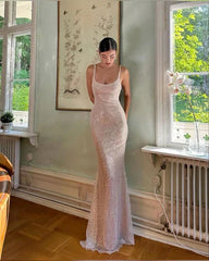Wholesale Elegant Mermaid Sequin Pink Prom Dress Long Brithday Evening Dress