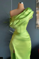 Wholesale Green Elegant One Shoulder Long Evening Prom Dress with High Slit Charming Party Dress
