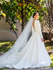 Embroidery A Line Ivory Satin Modest Long Sleeves Simple Wedding Dresses Elegant Wholesale