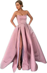 Womens Long Strapless Satin Prom Dress Sleeveless Slit Evening Ball Gown Off Shoulder Party Dress Wholesale