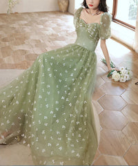 Light Green Tulle Long Formal Gown Party Dress Evening Prom Dresses Short Sleeves Prom Dress