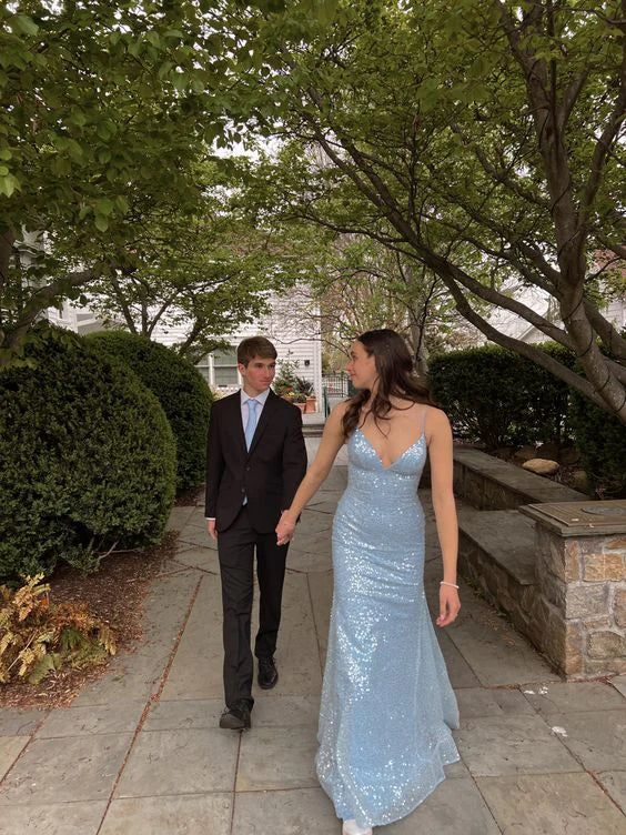 Light Blue V Neck Straps Lovely Mermaid Long Prom Dress Sparkly Evening Dress Wholesale