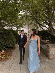 Light Blue V Neck Straps Lovely Mermaid Long Prom Dress Sparkly Evening Dress Wholesale