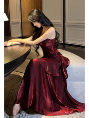 Aimishang Charming Wine Red Spaghetti Straps Long Prom Dress Elegant Party Dress Birthday Outfits Evening Dress Wholesale