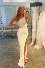 Wholesale One-Shoulder Simple White Evening Dress Charming Prom Dress Party Dress With Slit