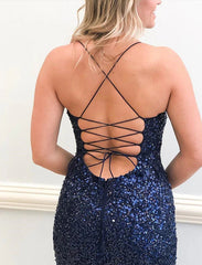 Dark Navy Spaghetti Straps Mermaid Evening Dress With Sequins Split Sparkly Party Dress