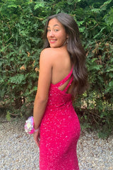 Wholesale One Shoulder Fuchsia Sequin Long Prom Dress Evening Party Dress with Slit