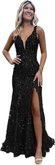 Women's Sparkly Sequin Mermaid Prom Dresses for Teens V Neck Long Formal Evening Party Dresses with Slit Wholesale