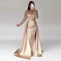 Aimishang Mermaid Sequin Evening Gown Ruched Satin Dress Long Sleeves Floor Length Sparkle Illusion Neck Fall Wedding Guest Dress with Pearls Overskirt