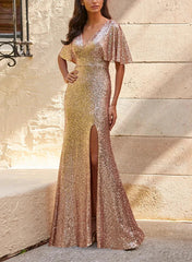 V Neck Short Sleeves Sequined Bridesmaid Dresses With Split Front Charming Evening Party Dress
