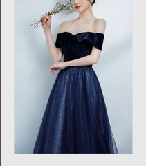 Navy Blue Off Shoulder Velvet Sweetheart Party Dress Shiny Tulle Long Prom Dress Party Dress Sparkly Evening Dress Wholesale
