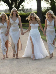 Elegant Tulle A-line Sweep Train Wedding Dresses Off Shoulder With Slit Simple dress Wholesale
