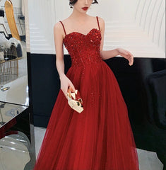 Wine Red Tulle Beaded Straps Beaded Formal Dress Evening Dress Party Dress A Line Prom Dress