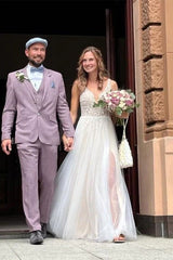 White V Neck Beading Tulle A-Line Elegant Wedding Dress Charming Wholesale