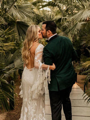 Chic Tassels Long Sleeves Illusion Backless Lace Wedding Dresses Floor Length Beautiful