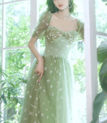 Light Green Tulle Long Formal Gown Party Dress Evening Prom Dresses Short Sleeves Prom Dress