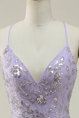 Mermaid Spaghetti Straps Purple Long Prom Dress with Beading V-neck With Slit