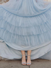 Elegant Spaghetti Straps Off-The-Shoulder Long Sleeves Tiered Tulle Sweep Train Prom Dresses Charming Wholesale