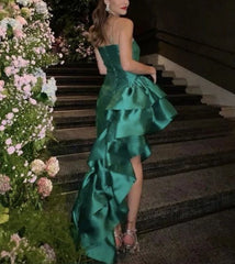Green Spaghetti Straps Asymmetrical Prom Dress with Ruffles Elegant Evening Dress Wholesale