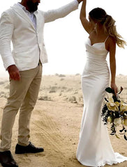 Open Back Casual Wedding Dresses Sleeveless Square Neck Strap Charmeuse Ruched Simple Formal Dress