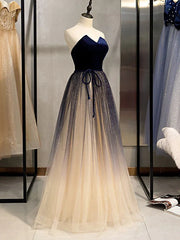 Simple Shining Long Tulle Strapless Neckline A-line Prom Dresses Off Shoulder Charming Wholesale