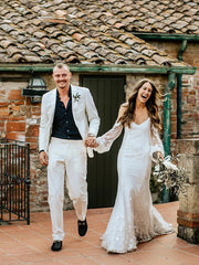 Delicate Floral Lace Spaghetti Straps Long Sleeves Mermaid Wedding Dresses Elegant