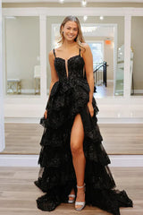 Black Sweetheart Tiered Sequin Lace Long Prom Dresses Sparkly Evening Dress With Slit
