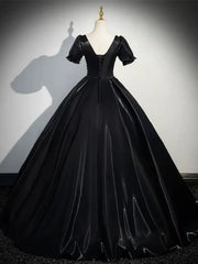 A-Line Satin Black Long Prom Dress Quinceanera Dress Short Sleeves Evening Dress