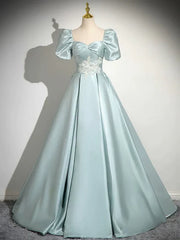 A-Line Sweetheart Neck Puff Sleeves Satin Quinceanera Dress Blue Long Prom Dress Elegant Evening Dress