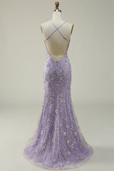 Mermaid Spaghetti Straps Purple Long Prom Dress with Beading V-neck With Slit