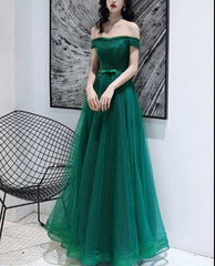 Dark Green Tulle Beaded Off Shoulder Long Party Dresses A-line Long Evening Dress Prom Dress Wholesale