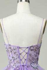 A Line Spaghetti Straps Purple Long Prom Dress with Appliques Beautiful