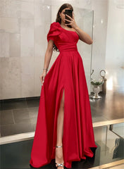 One Shoulder A Line Satin Bridesmaid Dress With Ruffle Short Sleeves Sweep Train Elegant Evening Dress