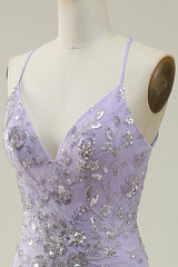Mermaid Spaghetti Straps Purple Long Prom Dress with Beading V-neck With Slit