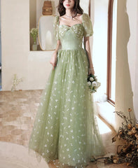 Light Green Tulle Long Formal Gown Party Dress Evening Prom Dresses Short Sleeves Prom Dress