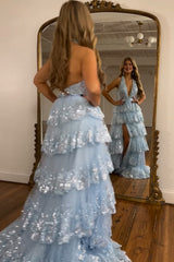 Sparkly Light Blue Halter Backless Lace Tiered Long Prom Dress With Slit V-neck Sexy