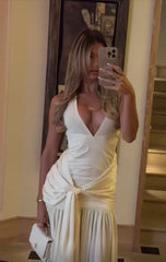 White V Neck A-Line Fashion Summer Vacation Dress Long Party Dress Evening Dress
