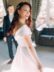 Delicate Satin Off-the-shoulder A-line Floor-Length Bridal Gowns Simple Elegant Wedding Dress Wholesale