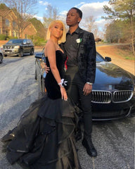 Wholesale Black Sweetheart Tulle Organza Layers Mermaid Evening Prom Dress Off Shoulder