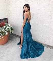 Blue Sequins Mermaid Long Party Dress with Slit Sparkly Evening Dress Formal Dress Wholesale